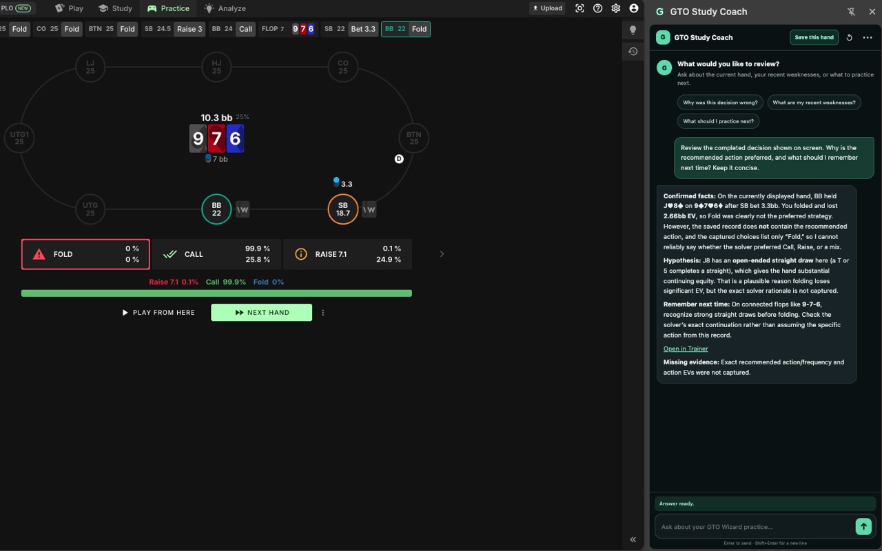 Completed GTO Wizard Trainer decision with a GTO Study Coach answer in the right side panel